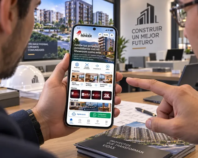 Aplicación ShowRoom abierta en un teléfono durante una reunión de ventas