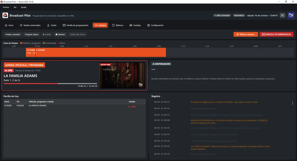 Panel de emisión de Broadcast Pilot