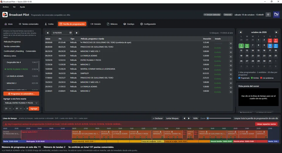 Parrilla de programación de Broadcast Pilot
