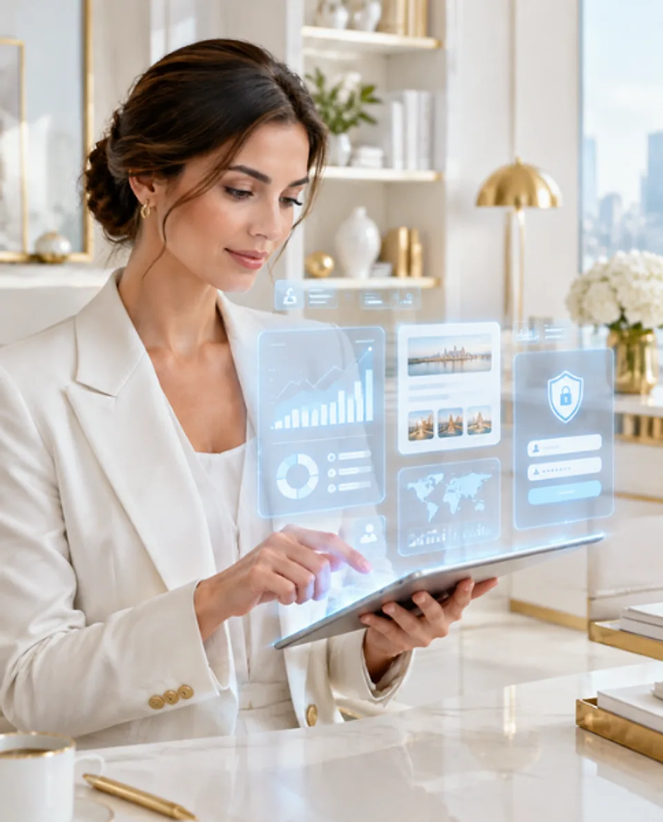 Ejecutiva consulta un panel con gráficos y acceso seguro en su tableta