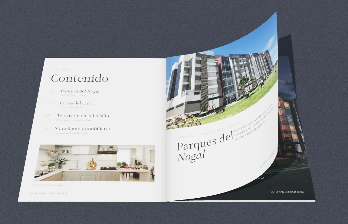 Revista de Show Render abierta sobre una mesa, con una hoja a medio girar