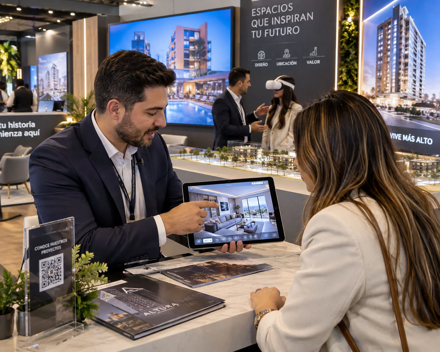 Asesor mostrando el ShowRoom a una clienta en una feria inmobiliaria